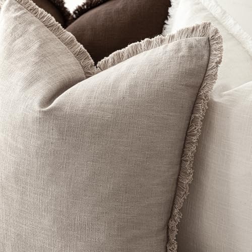 Decorative Linen Fringe Throw Pillow Covers 18×18 Natural Linen (2 Count)