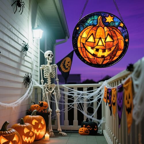 Stained Glass Window Hanging Halloween Horror Golden Pumpkin 11.8"