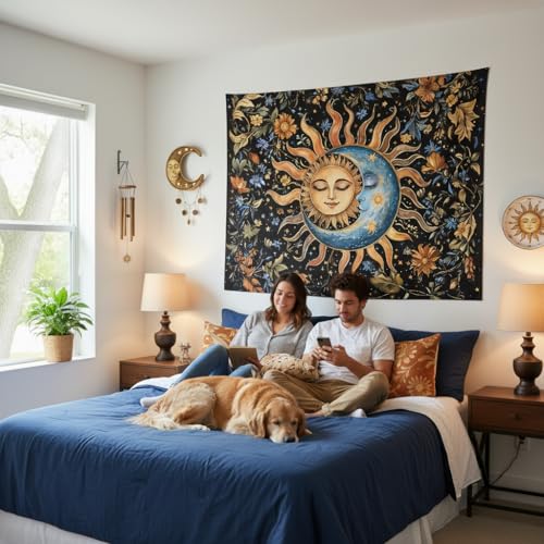 Sun and Moon Tapestry for Bedroom Boho Vintage Floral Hippie Wall Tapestry Aesthetic Retro Flower Plant Small Tapestries Wall Hanging for Living Room Dorm Decor 60 x 44 Inch