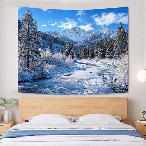 Winter Forest Snow Mountain Tapestry Snowy Pine Tree Woodland Tapestry for Bedroom Aesthetic White Clouds Flowing River Landscape Tapestries Wall Hanging for Living Room Dorm Office 60 x 44 Inch