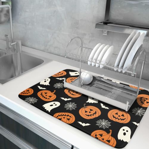 Halloween Dish Drying Mat for Kitchen Counter Ghost Pumpkin Spiderweb Festival Super Absorbent Reversible Microfiber Kitchen Countertop Protector Dishes Pad Large 18x24 inch