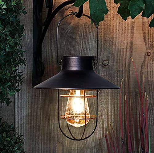 Solar Lantern Outdoor Hanging Light Metal Solar Lamp with Warm White Edison Bulb Design for Garden Yard Patio Proch Decor