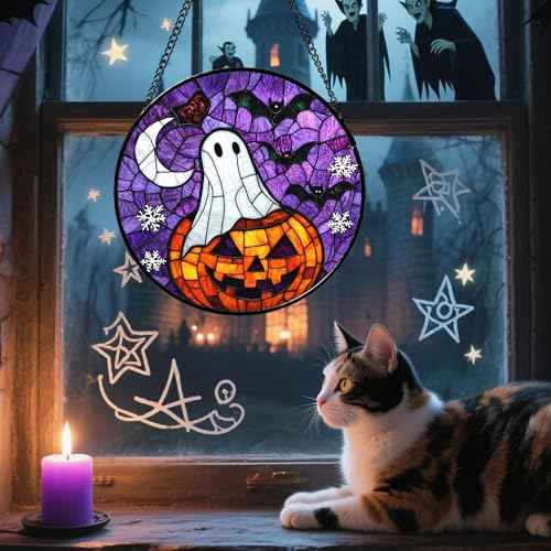 Stained Glass Window Hanging Halloween Horror Pumpkin 7.8"