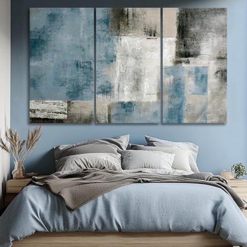 Large Blue Abstract Wall Art Set Of 3 Canvas 24x48 In (3 Count)