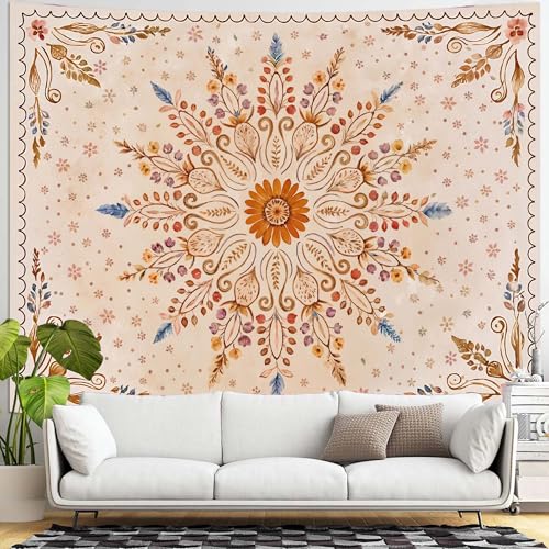 Boho Floral Mandala Tapestry for Bedroom Aesthetic Watercolor Bohemian Flower Wall Tapestry Brown Beige Hippie Indian Extra Large Tapestries Wall Hanging for Living Room Dorm Decor 90 x 68 Inch