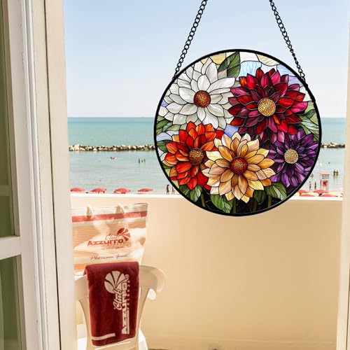 Stained Glass Window Hanging Color Dahlia Suncatcher Gifts for Women 7.8"
