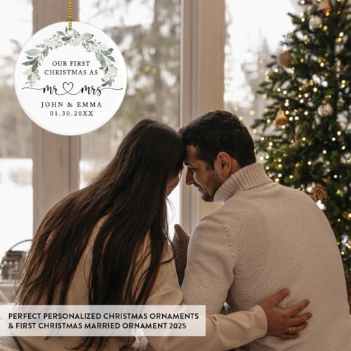 Personalized Our First Christmas As Mr. & Mrs. 2026 Christmas Ornaments Foliage Wreath 2.8" Round Porcelain Ceramic 1st Year Married Custom Ornament Keepsake for Newlyweds 1