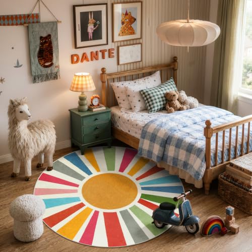 Boho Washable Rug 5 Ft Round Area Rug for Bedroom