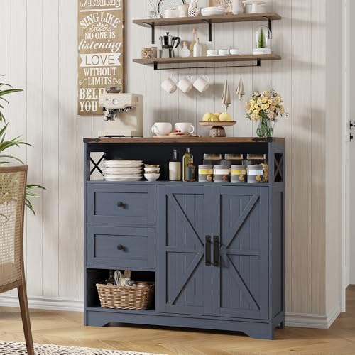 Farmhouse Buffet Sideboard Cabinet with 2 Drawers and Open Shelf