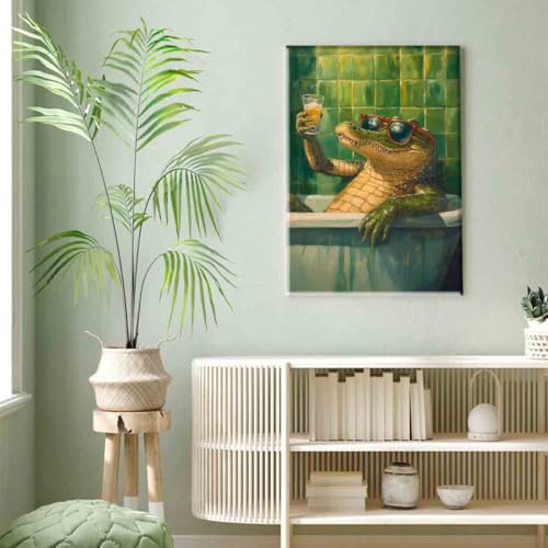 Funky Animals Wall Art Bathroom Humor Poster Animal in Bathtub Painting Aesthetic Cocktail Picture Crocodile Artwork 16x24inch framed