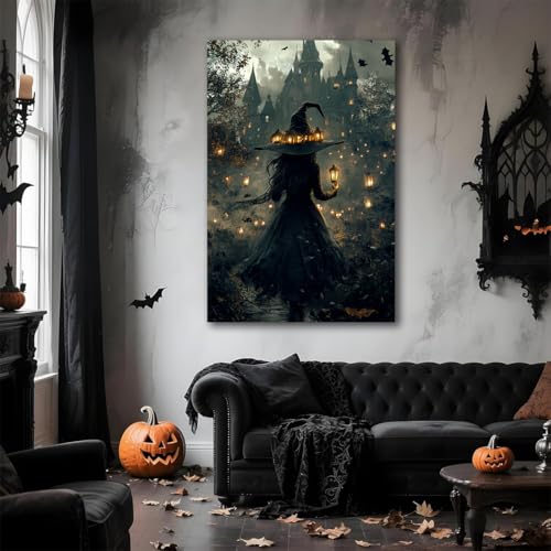 Halloween Witch and Haunted House Canvas Wall Art