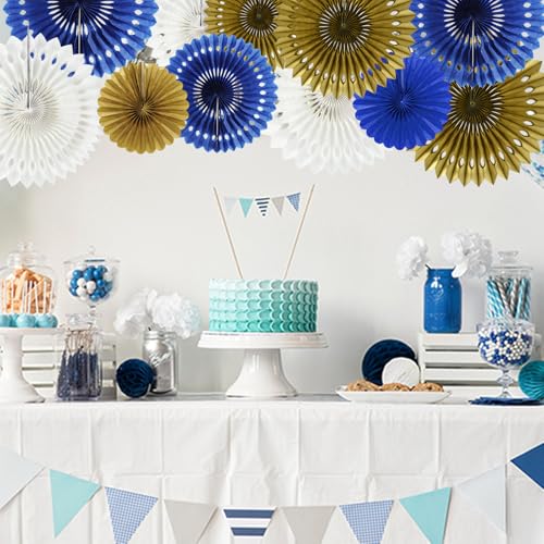 Honeycomb Round Paper Fan Blue Gold White Hanging Party Decoration (11 Count)