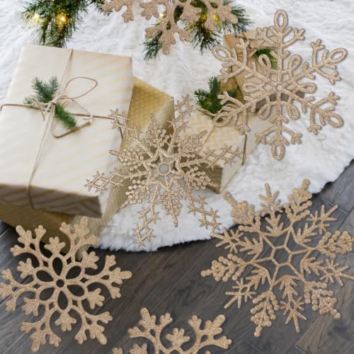 8pcs Large Champagne Gold Snowflakes Ornaments 12” Big Plastic Glitter Snowflake for Winter Indoor Outdoor Christmas Tree Window Room Decorations Giant Craft Snowflakes (6 Count)