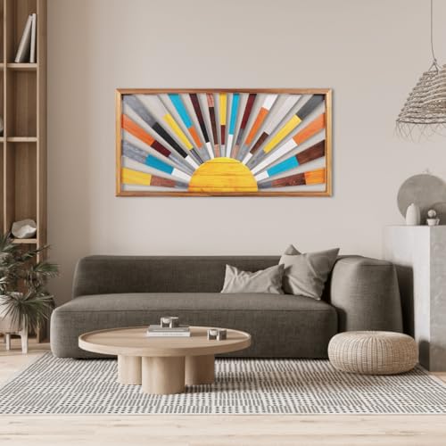 Large Boho Sun Wall Art Framed Wooden Art Wall Decor Rainbow Sun Rising On The Horizon Geometric Line Sunshine Wall Art for Living Room Bedroom Office 16"x32"
