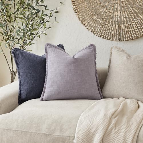 Decorative Linen Fringe Throw Pillow Covers 20×20 Light Purple (2 Count)