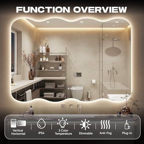55"x30" Wavy Mirror with Lights Frameless Backlit LED Wall Mirror