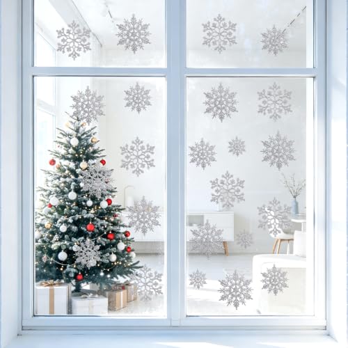 Glitter Christmas Silver Plastic Snowflake Ornaments for Winter Holiday (60 Count)