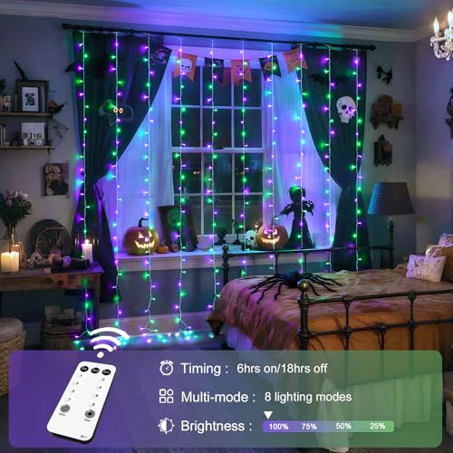 300LED Purple & Green Curtain Lights for Halloween Decor (9.8 Foot)