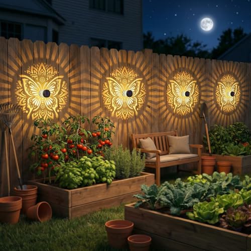 2 Pack Solar Fence Lights Metal Solar Powered Outdoor Wall Deck Step Lights Butterfly Mandala Theme Waterproof Fence Light for Garden Post Patio Backyard Yard Decor (2 Count)