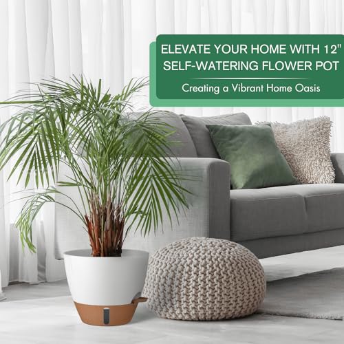 12/10/8 Inch Self Watering Pots for Indoor Plants Plastic Large Pot for Outdoor Plants, Water Level Window & Spacious Reservoir Flower Pots Decorative Planter with Drainage and Tray (White) (3 Count)
