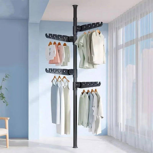 Telescopic Clothes Drying Rack, Floor to Ceiling, 4 Adjustable Arms, 360° Rotating, 43-122 inches, Black - NestledHome