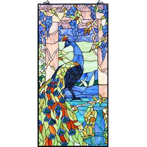W10096 Peacock Tiffany Style Stained Glass Window Panel