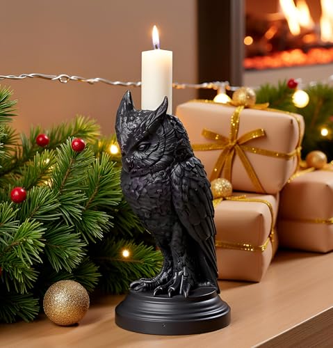 Gothic Black Owl Candle Holder Statue