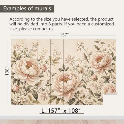Retro Peony Floral Peel and Stick Wallpaper Mural for Bedroom