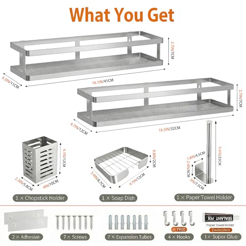 5-in-1 16.5" Extra Long Kitchen Organizer & Shower Caddy Set, Wall Mount Spice Rack with Paper Towel Holder, Utensil Holder & Soap Dish, Rustproof Mesh - Silver Gray, Guardrail