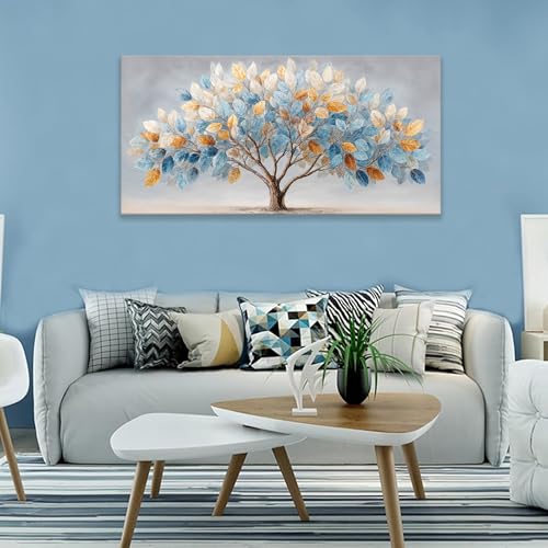 Large Canvas Wall Art Decor Blue Gold Nature Leaf Tree Canvas Art Wall Decor For Living Room Modern Botanical Wall Art Prints Gradient Color Tree Canvas Art For Bedroom Home Office Decor 24"×48"