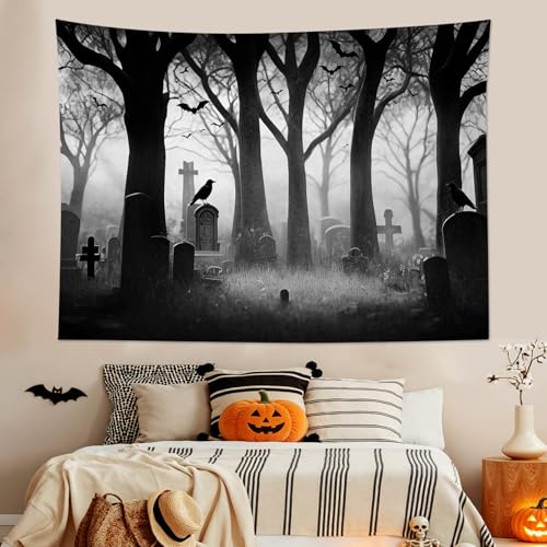 Spooky Halloween Cemetery Tapestry Scary Tombstone with Dead Trees Forest Tapestry Wall Hanging Horror Ghost Party Background Tapestry for Bedroom Living Room Dorm 92.5Wx70.9L Inches