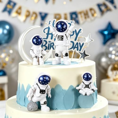 Blue White Astronaut Figurines Statues Set of 4 (4 Count)