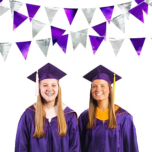 Purple and Silver Party Decorations Triangle Pennant Banner Flag Metallic Fabric Bunting Garland for Birthday Graduation Retirement Bachelorette Wedding Bridal Shower Engagement Disco Party Supplies (36 Count)