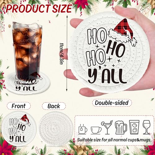 4Pcs Merry Christmas Cup Coasters Handmade Braided Cotton Drink Coasters Xmas Buffalo Plaid Anti Slip Absorbent Tabletop Protection for Home Office Party Tableware (4 Count)