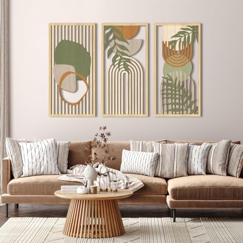 Boho Mid Century Modern Wood Wall Art 16x32 Inch Large Green Abstract Wood Wall Decor Mid Century Bohemian Artwork for Bedroom Living Room Office Kitchen Set of 3