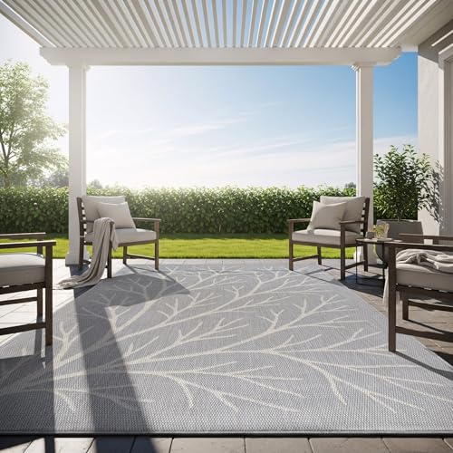 Washable Indoor Outdoor Rug 10x14 Modern Area Rugs Branch Pattern Non Shedding Waterproof Easy Clean Patio Deck Porch Living Room Bedroom Garden RV (140 Sq Ft)