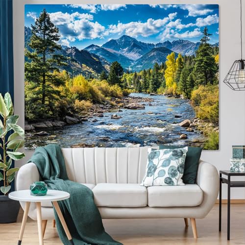 Nature Forest Mountain Tapestry Green Pine Tree Tapestry for Bedroom Aesthetic White Clouds Flowing River Landscape Classroom Tapestries Wall Hanging for Living Room Dorm Office