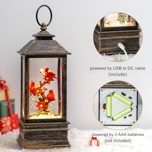 Christmas Snow Globe Lantern Indoor Decor Cardinal with Music
