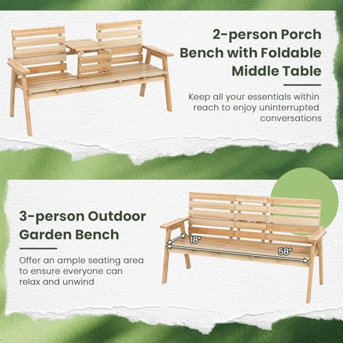 Outdoor Fir Wood Bench with Foldable Middle Table