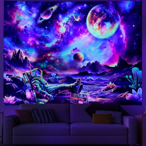 Blacklight Astronaut Tapestry UV Reactive Galaxy Space Tapestry Glow in The Dark Trippy Universe Planet Tapestries Neon Starry Sky Wall Hanging Decor for Home