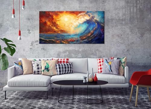 Abstract Ocean Wall Art for Living Room Beautiful Blue Sea Wave Seawater Colorful Sky Landscape Wall Art Decor Artwork Bedroom Office