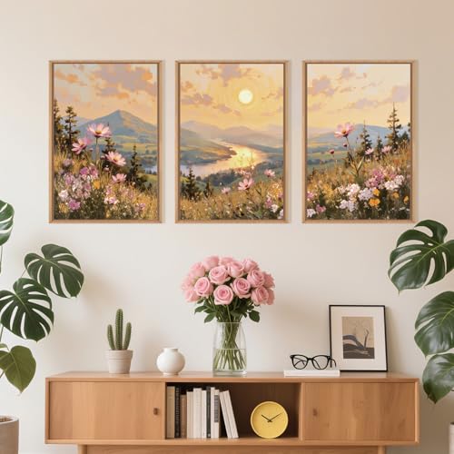 Large Boho Sunset Wildflower Framed Canvas Wall Art