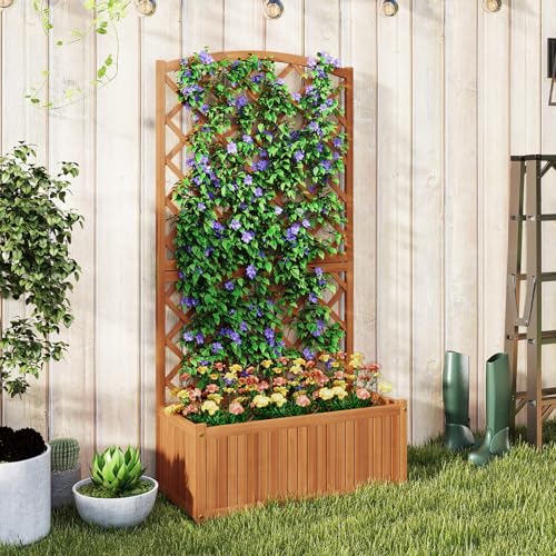 63" Wooden Raised Garden Bed with Trellis & Slat Bottom Base