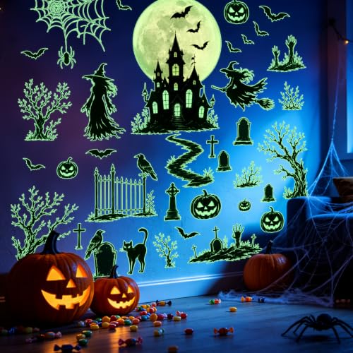 Glow in the Dark Halloween Window Stickers Luminous Ghost Pumpkin Black Cat Spider Bat Candy Moon Window Decals for Halloween Party Supplies Home Glass Decorations