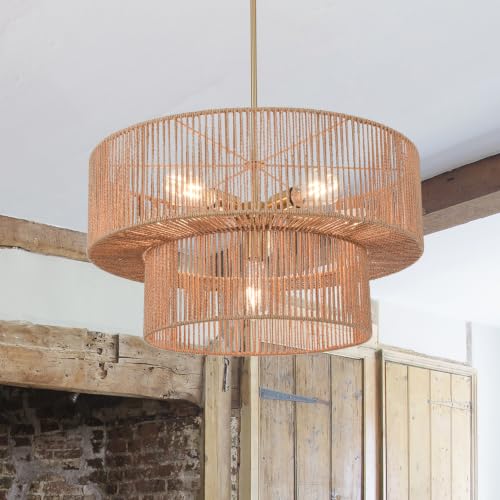 6 Light Boho Rattan Chandelier Light Fixture