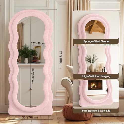 Full Length Mirror 71"x30" Irregular Wavy Full Body Wall Mounted Floor Mirror with Stand Pink Flannel Frame Leaning Hanging Wall for Bedroom Entrance Hallway