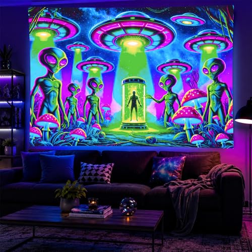 Blacklight Tapestry Alien UFO Room Wall Art 78 x 59 Inch