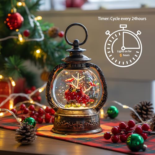 Christmas Snow Globe Lantern Water Glittering Cardinal with Music