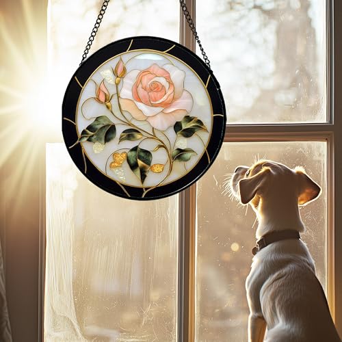 Pink Rose Stained Glass Window Hanging Suncatcher Gifts for Women 6.3"