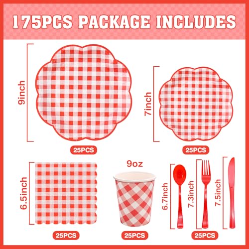 175 Pcs Red Gingham Plates and Napkins Party Supplies